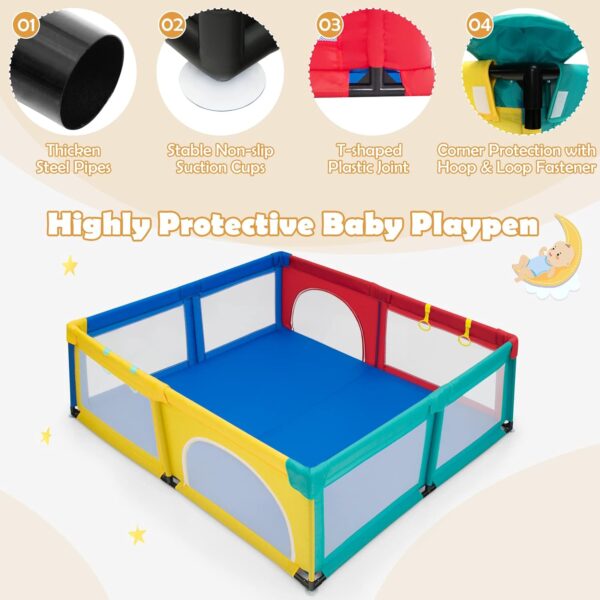 GYMAX Baby Playpen, 206 x 186cm Large Toddler Fence Play Yard with 50 Ocean Balls, 4 Handlebars, Suction Cups and Zipper Door, Indoor Outdoor Infant Activity Center (Colorful) - Image 5