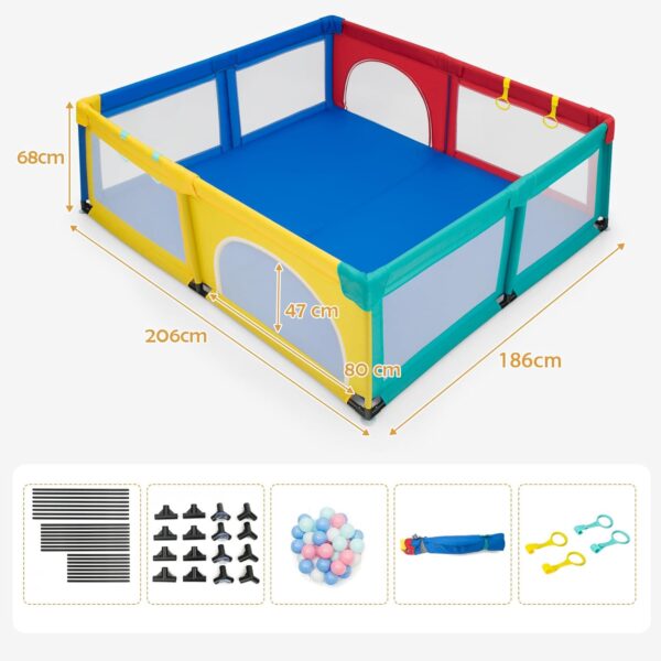 GYMAX Baby Playpen, 206 x 186cm Large Toddler Fence Play Yard with 50 Ocean Balls, 4 Handlebars, Suction Cups and Zipper Door, Indoor Outdoor Infant Activity Center (Colorful) - Image 6