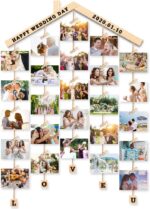 MOVEONSTEP Hanging Photo Display, Picture Photo Frame Wood Wall Photo Display Board with Rope and 30 Small Memo Clips Collage for Home Decoration 63x90cm (2 Sheets Alphabet & Number Stickers)