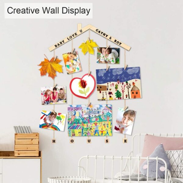 MOVEONSTEP Hanging Photo Display, Picture Photo Frame Wood Wall Photo Display Board with Rope and 30 Small Memo Clips Collage for Home Decoration 63x90cm (2 Sheets Alphabet & Number Stickers) - Image 2