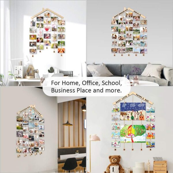 MOVEONSTEP Hanging Photo Display, Picture Photo Frame Wood Wall Photo Display Board with Rope and 30 Small Memo Clips Collage for Home Decoration 63x90cm (2 Sheets Alphabet & Number Stickers) - Image 3