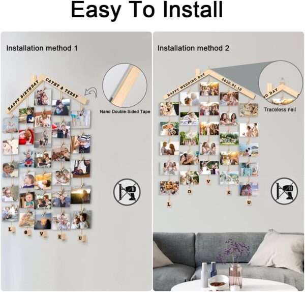 MOVEONSTEP Hanging Photo Display, Picture Photo Frame Wood Wall Photo Display Board with Rope and 30 Small Memo Clips Collage for Home Decoration 63x90cm (2 Sheets Alphabet & Number Stickers) - Image 4
