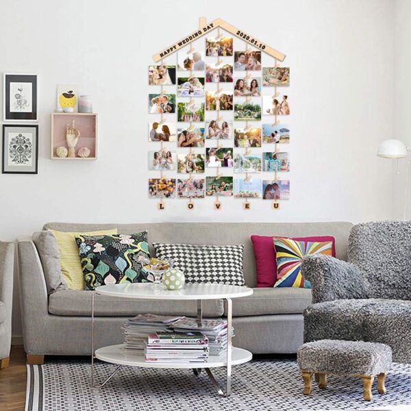 MOVEONSTEP Hanging Photo Display, Picture Photo Frame Wood Wall Photo Display Board with Rope and 30 Small Memo Clips Collage for Home Decoration 63x90cm (2 Sheets Alphabet & Number Stickers) - Image 5