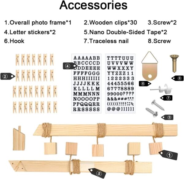 MOVEONSTEP Hanging Photo Display, Picture Photo Frame Wood Wall Photo Display Board with Rope and 30 Small Memo Clips Collage for Home Decoration 63x90cm (2 Sheets Alphabet & Number Stickers) - Image 7