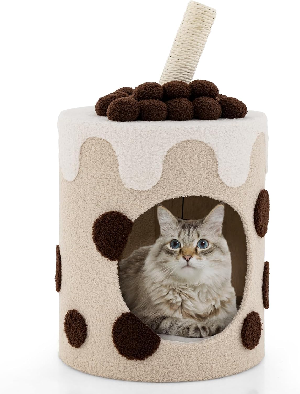 1740774493_716XT0LvwWL._AC_SL1500_.jpg COSTWAY Cat House, Cats Condo Furniture with Rotatable Scratching Post, Dangling Ball Toy & Removable Cushion, Milk Tea Kitten Activity Centre for Indoor Cats (Coffee + Beige) - Image 1