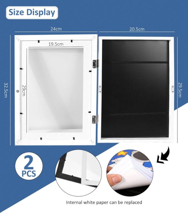 Pack of 2 Art Photo Frames for Children, A4 Hinged Wooden Picture Frame, Fillable Photo Frame for Opening, Front Opening for Artwork, Ideal for Children's Drawings, Art Projects, School, Home or - Image 2