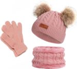 Kids Knitted Hat Scarf and Gloves Set, Toddler Winter Warm Pom Pom Hat Beanie Fleece Lining Scarf Gloves Cold Weather 3 Piece Set for Boys and Girls 2-7 Years