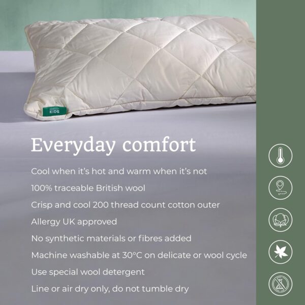 WOOLROOM Deluxe Washable Kids Cot Pillow - Lovingly Handcrafted Skin-Friendly Baby and Travel Pillow - 100% British Wool For Natural Better Sleep - Hypoallergenic Thermoregulating Comfort - Champagne - Image 3