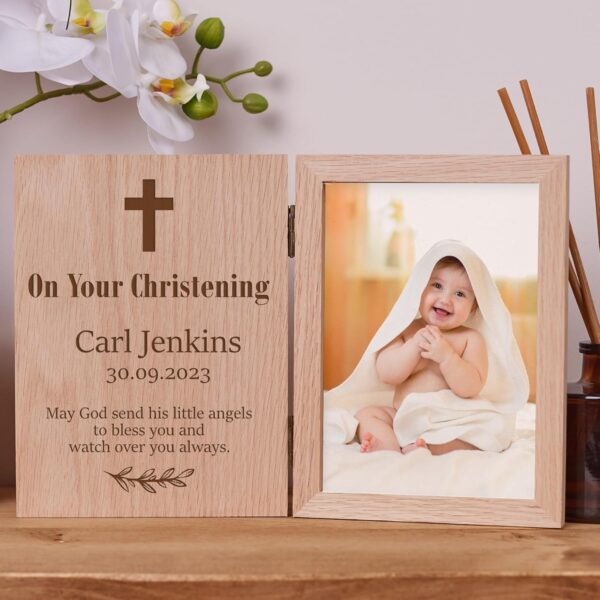Personalised Christening Day Book Photo Frame Solid Oak Wood Gift - Image 2