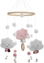 Mobile Baby Wind Chimes, Cloud Doll, Wooden with Felt Balls 3D, Bed Bell Pendant for Baby Cot Boys and Girls (Pink)
