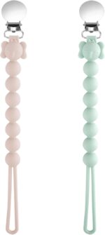Dummy Clip- BPA Free, 2PCS Premium Silicon Cute Pacifier Clips for Girls, Newborn Baby Pacifier Holder Leash Chains Fits All Pacifier Teecher Toys Baby Shower(Green-Pink)
