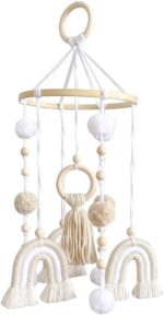 Wooden Cot Mobile Baby Cot Crib Mobile Boho Rainbow Crib Mobile with Wool Balls Baby Bed Mobile Wind Chime Rattle Toy Newborn Nursery Hanging Bed Bell for Boys and Girls