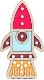 Kids Wooden Rocket Table Lamp Battery Powered, Wall/Table Nursery Bedroom Night Light