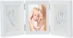 JZK White Baby Handprint Footprint Picture Frame kit for Boys Girls new born baby Gift EN71 Toy Test Passed NonToxic Child Safe Premium Clay Wood Frames