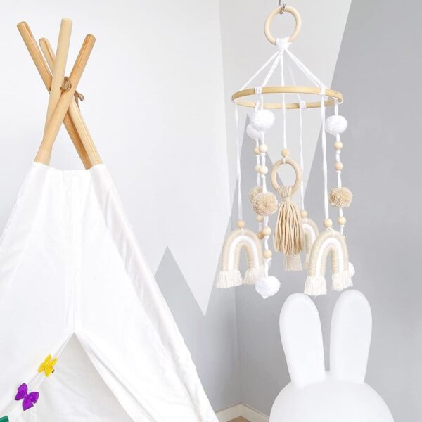Wooden Cot Mobile Baby Cot Crib Mobile Boho Rainbow Crib Mobile with Wool Balls Baby Bed Mobile Wind Chime Rattle Toy Newborn Nursery Hanging Bed Bell for Boys and Girls - Image 8