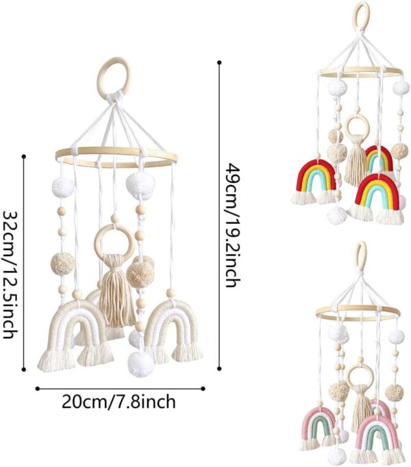 Wooden Cot Mobile Baby Cot Crib Mobile Boho Rainbow Crib Mobile with Wool Balls Baby Bed Mobile Wind Chime Rattle Toy Newborn Nursery Hanging Bed Bell for Boys and Girls - Image 6