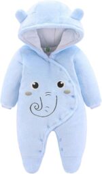 JiAmy Baby Overalls Baby Romper Flannel Winter Romper Playsuit with Feet Hoodie Cartoon Elephant Outfits Blue 0-3 Months