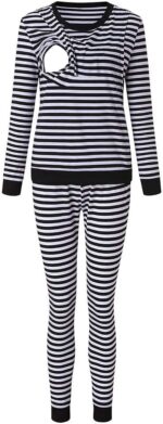 Suit Maternity Care Tops + Striped Set Trousers T-Shirt Pyjamas Women's Sleeve Long Maternity Set & Suit Women's Bathrobe Terry Cloth Without - Image 3