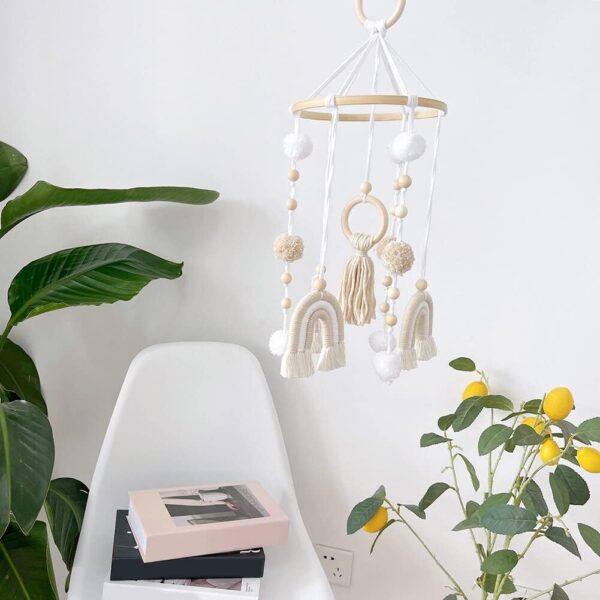 Wooden Cot Mobile Baby Cot Crib Mobile Boho Rainbow Crib Mobile with Wool Balls Baby Bed Mobile Wind Chime Rattle Toy Newborn Nursery Hanging Bed Bell for Boys and Girls - Image 5