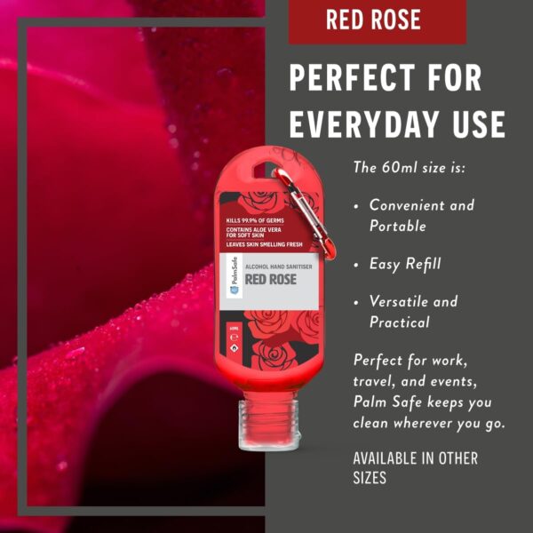 Palm Safe Red Rose 3 Pack 60ml Anti Bacterial Premium Hand Sanitiser Travel Size Refillable Clip Bottle Quick Drying Non Sticky Extra Moisturising Kills 99.9% of Viruses and Bacteria - Image 6