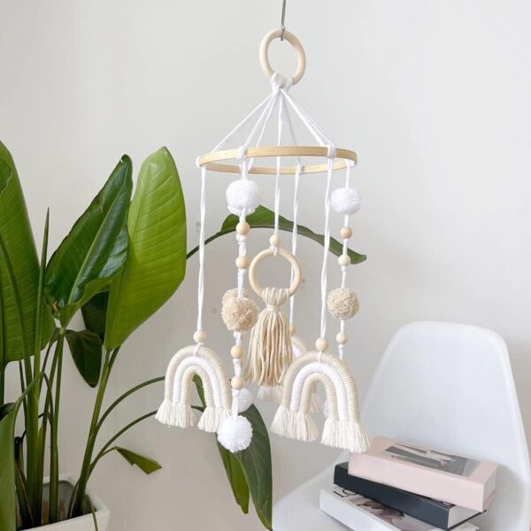 Wooden Cot Mobile Baby Cot Crib Mobile Boho Rainbow Crib Mobile with Wool Balls Baby Bed Mobile Wind Chime Rattle Toy Newborn Nursery Hanging Bed Bell for Boys and Girls - Image 7