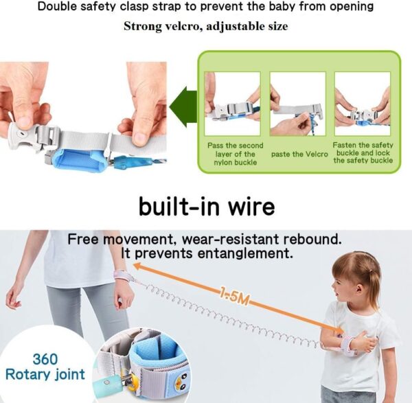 Eidyer Anti Lost Safety Wrist Link Belt, Children Harness Belt Safety Adjustable 1.5M/4.92ft Baby Toddler Reins Safety Strap Leash Walking Hand Belt Elastic Wire Rope Fluorescent and Security Lock - Image 3