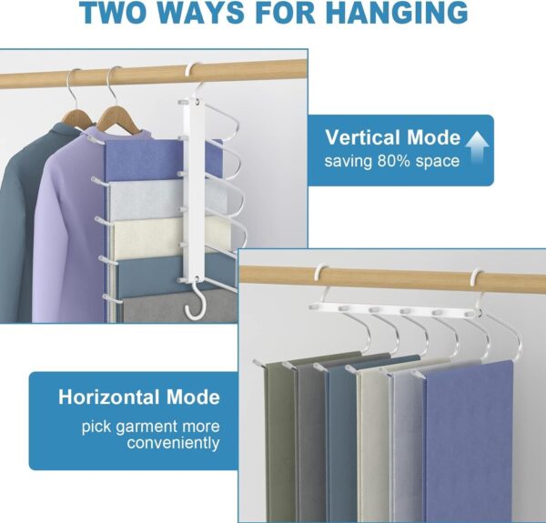 Trouser Hangers, 6 Tier Multi-Functional Rack Space Saving for Hanging Pants, Jeans, Scarf, Trouser, Clothes, No Slip Folding Hangers Closet Organizer for Men and Women, Silver, 2 Pack - Image 2