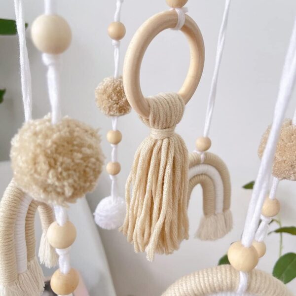 Wooden Cot Mobile Baby Cot Crib Mobile Boho Rainbow Crib Mobile with Wool Balls Baby Bed Mobile Wind Chime Rattle Toy Newborn Nursery Hanging Bed Bell for Boys and Girls - Image 9