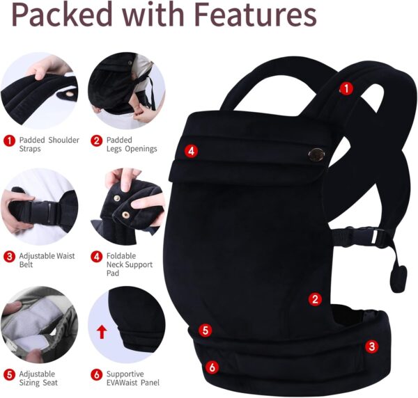 Liderbebe Baby Carrier Newborn to Toddler - Ergonomic,Velvet Fabric Breathable Mesh Cozy and Lightweight Infant Carrier for 7-44lbs,Enhanced Lumbar Support Hands-Free Parenting,All Seasons,Black - Image 6