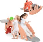 Maxmass Kids Rocking Horse and Slide Set, 3-in-1 Toddlers Rocker Slider with Basketball Hoop, Indoor Freestanding Slide Climber Playground for 18-36 Months (Pink)