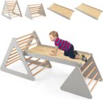 GYMAX 3 in 1 Kids Climbing Set, Wooden Toddler Climber with Reversible Ramp, Outdoor Indoor Children Climbing Frame for 3 Years Old + Boys Girls (Natural+Grey)