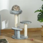 Pawhut 65 cm Cat Tree Kitty Scratcher Kitten Activity Center Scratching Post Playhouse 2 Perch w/Hanging Sisal Rope Grey - Image 2