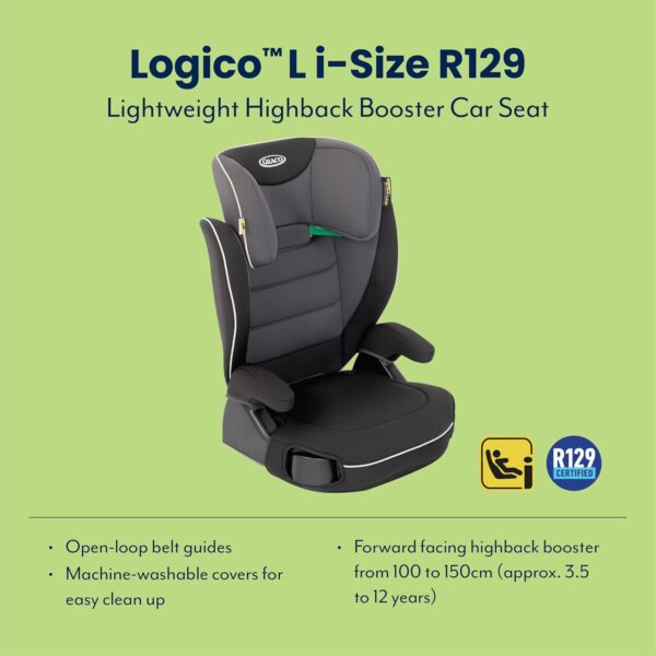 Graco Logico L i-Size R129 Highback Booster car seat with cupholders, Suitable from 100-150cm (approx. 3.5 to 12 years), Midnight fashion - Image 2