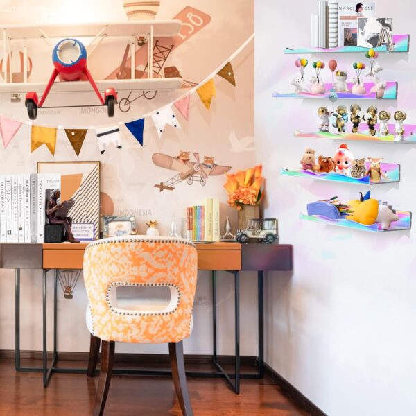LINYAPRY 4 Packs Iridescent Acrylic Floating Shelves, 15.7 Inch Clear Acrylic Display Shelf Wall Mounted, Invisible Dolls Pop Display Shelves Wall Ledge Bookshelf for Kids Room Bathroom Dorm - Image 8