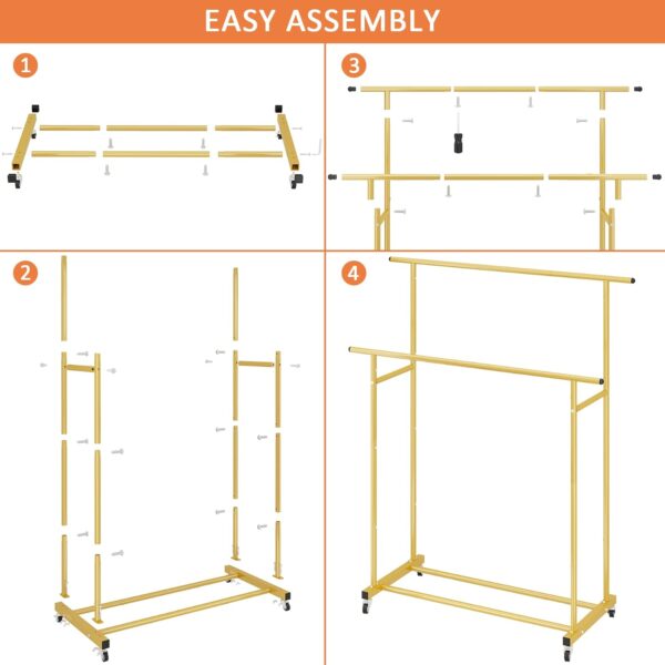 Calmootey Double Rod Clothing Garment Rack,Rolling Hanging Clothes Rack,Portable Clothes Organizer for Bedroom,Living Room,Clothing Store,Gold - Image 9