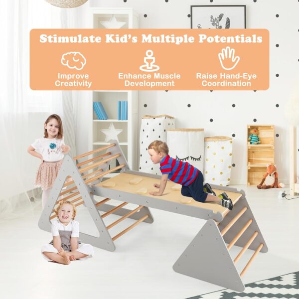 GYMAX 3 in 1 Kids Climbing Set, Wooden Toddler Climber with Reversible Ramp, Outdoor Indoor Children Climbing Frame for 3 Years Old + Boys Girls (Natural+Grey) - Image 6