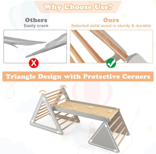 GYMAX 3 in 1 Kids Climbing Set, Wooden Toddler Climber with Reversible Ramp, Outdoor Indoor Children Climbing Frame for 3 Years Old + Boys Girls (Natural+Grey) - Image 5