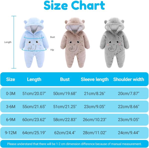 JiAmy Baby Overalls Baby Romper Flannel Winter Romper Playsuit with Feet Hoodie Cartoon Elephant Outfits Blue 0-3 Months - Image 7
