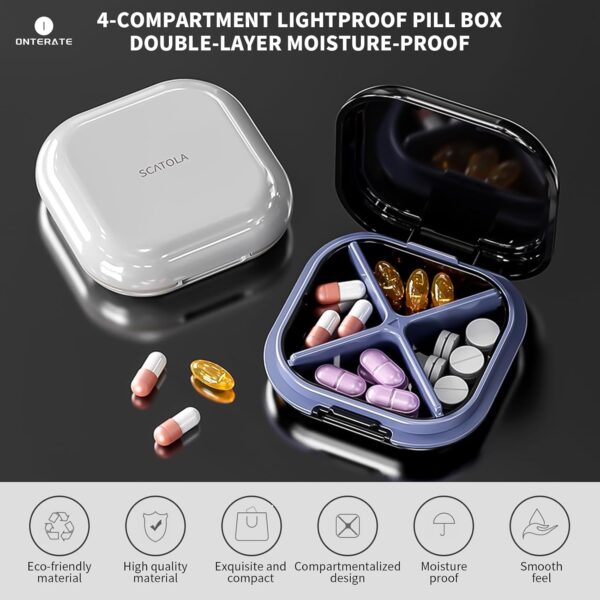 ONTERATE Small Pill Case, Travel Pill Box, Portable Pill Organizer, Pill Container for Pocket 4 Compartments, Daily Compact Travel Medicine Holder for Vitamins Medication (Black) - Image 2
