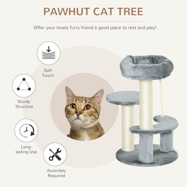 Pawhut 65 cm Cat Tree Kitty Scratcher Kitten Activity Center Scratching Post Playhouse 2 Perch w/Hanging Sisal Rope Grey - Image 3