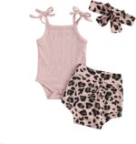Baby Girl Leopard Print Outfits Tank Top Onesies Ribbed Halter Romper Bodysuit Shorts Bloomers Summer Clothes Set - - 12-18 Months