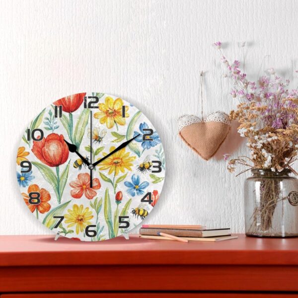Ewusp Red Yellow Flower Wall Clock Battery Operated Silent Non-Ticking Clock Round Quartz Decorative Clock for Kitchen Living Room Bedroom Office School Nursery, 25x25 cm - Image 2