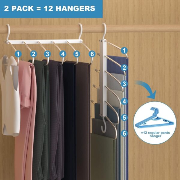Trouser Hangers, 6 Tier Multi-Functional Rack Space Saving for Hanging Pants, Jeans, Scarf, Trouser, Clothes, No Slip Folding Hangers Closet Organizer for Men and Women, Silver, 2 Pack - Image 4