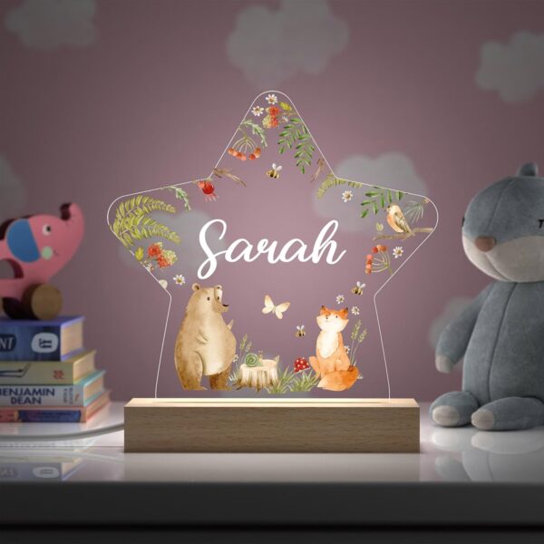 Beecreative Woodland Night Light with Childs Name, Personalised Woodland Nursery Decor Star Night Light Lamp, New Baby Newborn Christening Gifts for Boys Girls - Image 4
