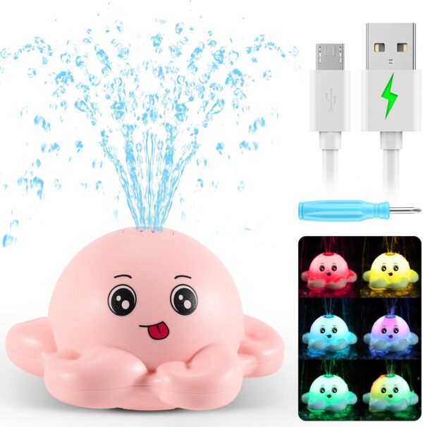 Gigilli Octopus Bath Toys, Rechargeable Baby Bath Toys, Light Up Bath Toys Sprinkler Bathtub Toys for Toddlers Infant Kids Boys Girls Automatic Spray Water Baby Toy, Pool Bathroom Baby Toys Gifts,Pink - Image 7