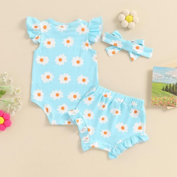 Newborn Baby Girl Clothes Floral Print Fly Sleeve Romper Ruffle Bloomer Shorts Headband Set 3Pcs Summer Outfits (B-Blue A, 6-9 Months) - Image 6