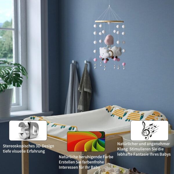 Mobile Baby Wind Chimes, Cloud Doll, Wooden with Felt Balls 3D, Bed Bell Pendant for Baby Cot Boys and Girls (Pink) - Image 4