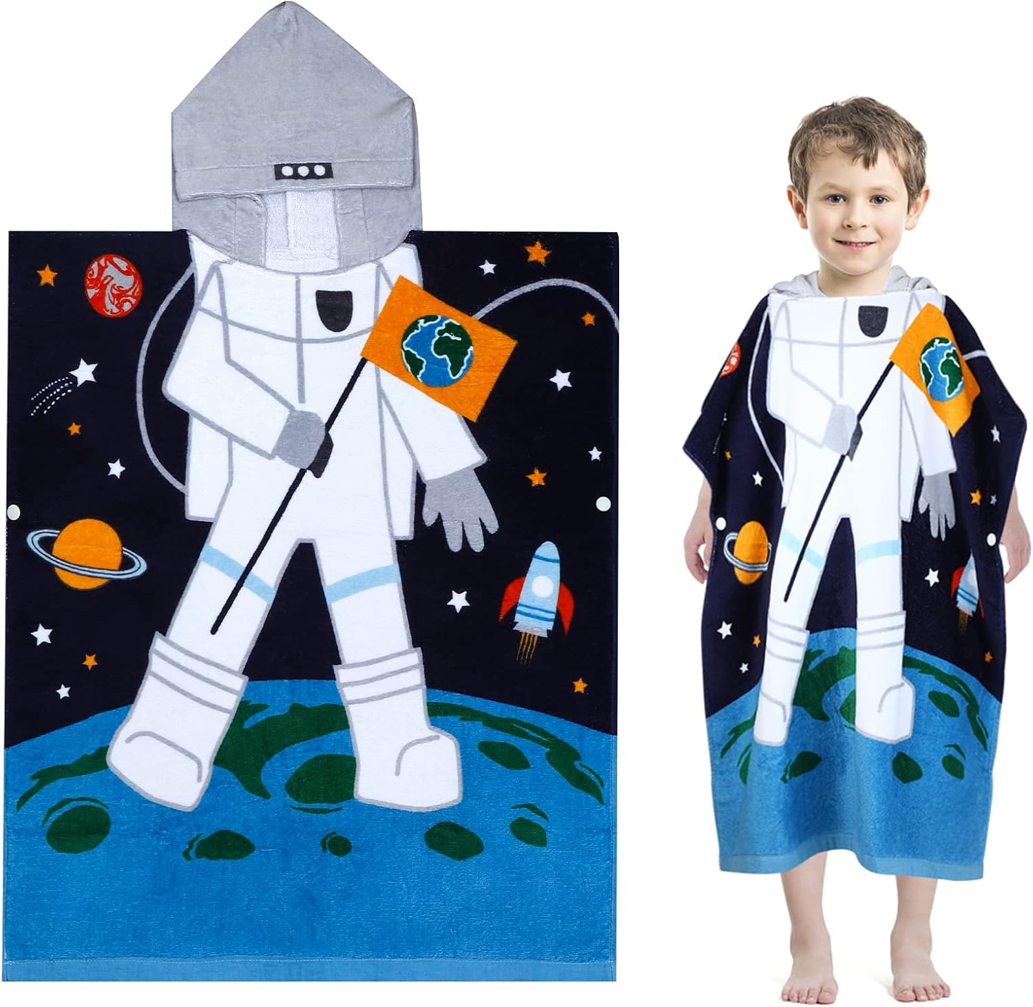 71QgpAT9QrL._AC_SL1500_.jpg MOEMOE BABY Kids Beach Towel Poncho Hooded Towels for Kids Hooded Towel for Boys 100% Cotton Quick Dry Swimming Changing Robe Towel 70 x 60cm,Astronaut - Image 1