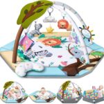 EzyWay Baby Gym Play Mat, 8-in-1 Tummy Time Mat with 6 Toys, Washable Baby Activity Play Mat for Visual, Hearing, Sensory, Motor Development, Toddler Infant 0-3-6-9-12 Month