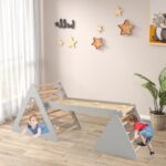 GYMAX 3 in 1 Kids Climbing Set, Wooden Toddler Climber with Reversible Ramp, Outdoor Indoor Children Climbing Frame for 3 Years Old + Boys Girls (Natural+Grey) - Image 8